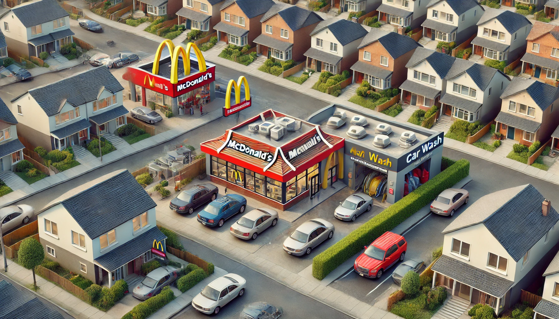 A McDonald's restaurant and a car wash are situated in a residential neighborhood surrounded by houses and parked cars.