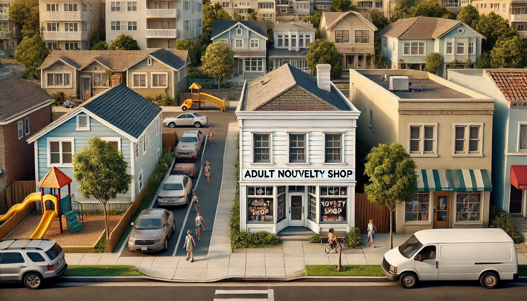 A quaint suburban street features an adult novelty shop prominently among residential homes and a school, with people and cars nearby.