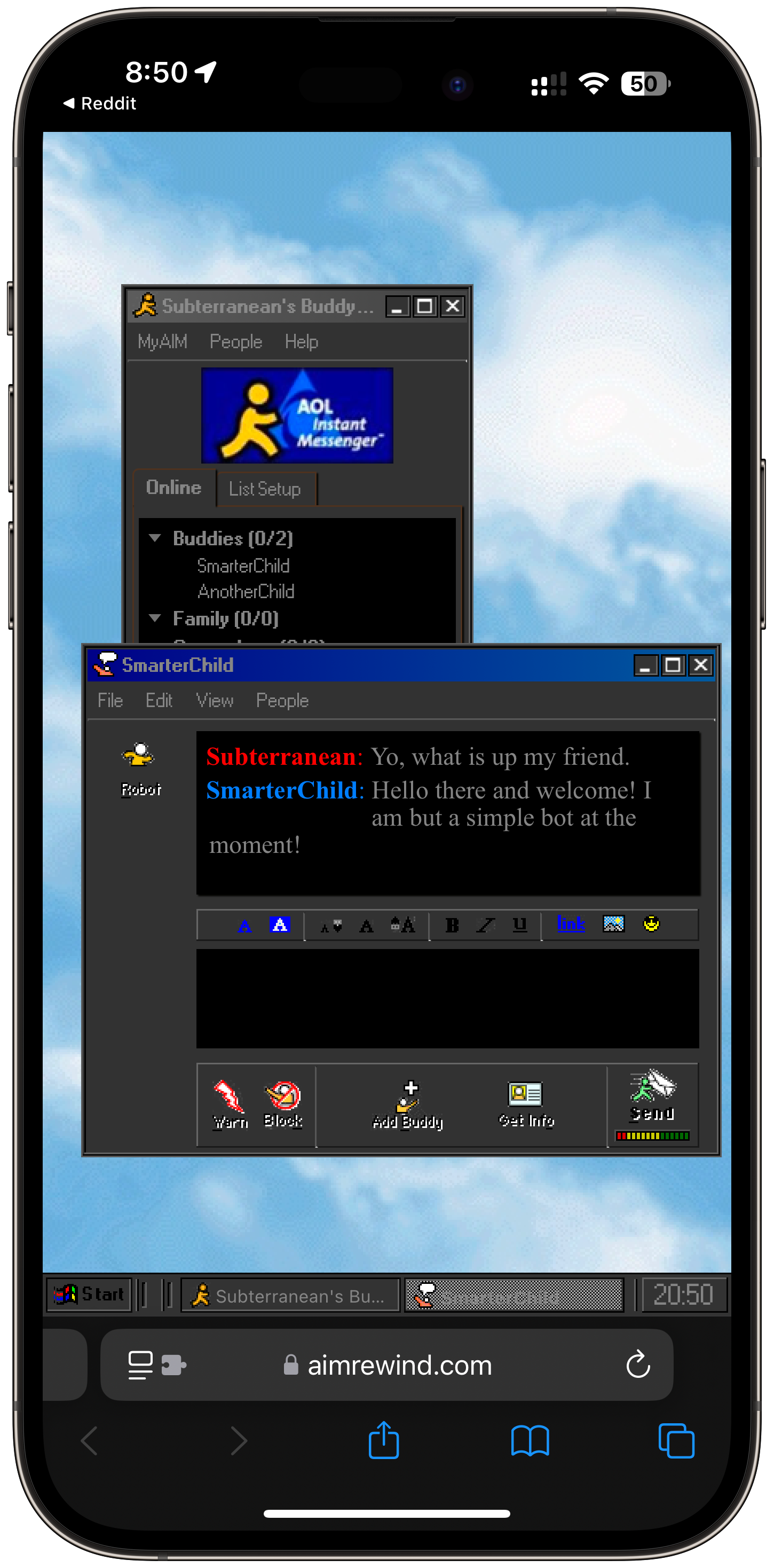 A smartphone displays a nostalgic mockup of an AOL Instant Messenger chat interface against a cloudy sky background.