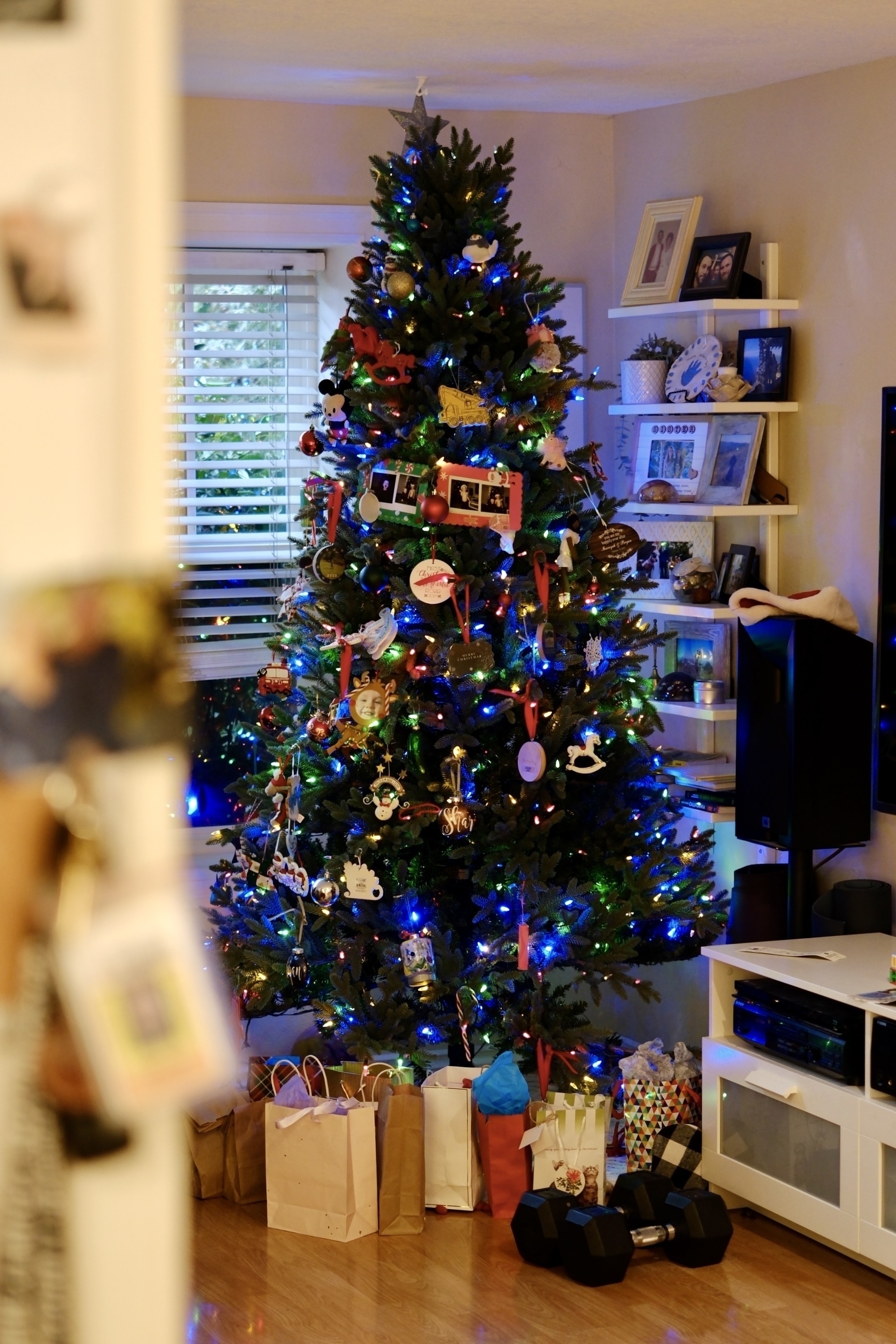 A Christmas tree decorated with lights and ornaments stands next to a collection of wrapped gifts and a pair of dumbbells in a cozy living room.