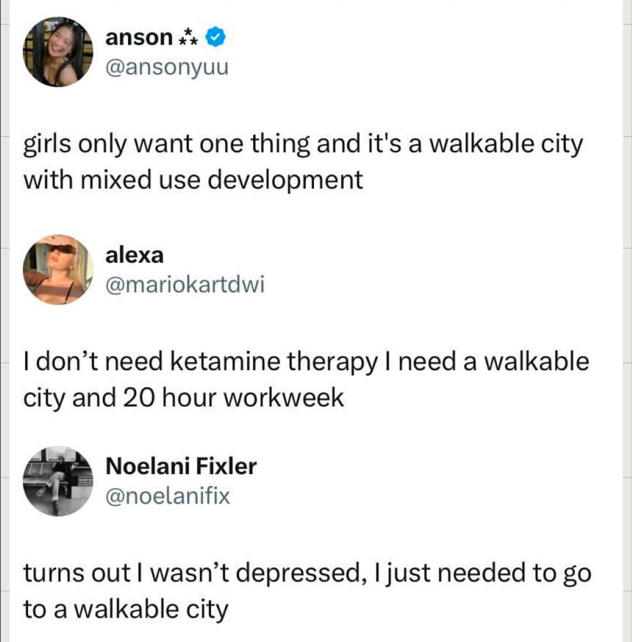 Three social media posts humorously expressing a desire for a walkable city and better urban living conditions.