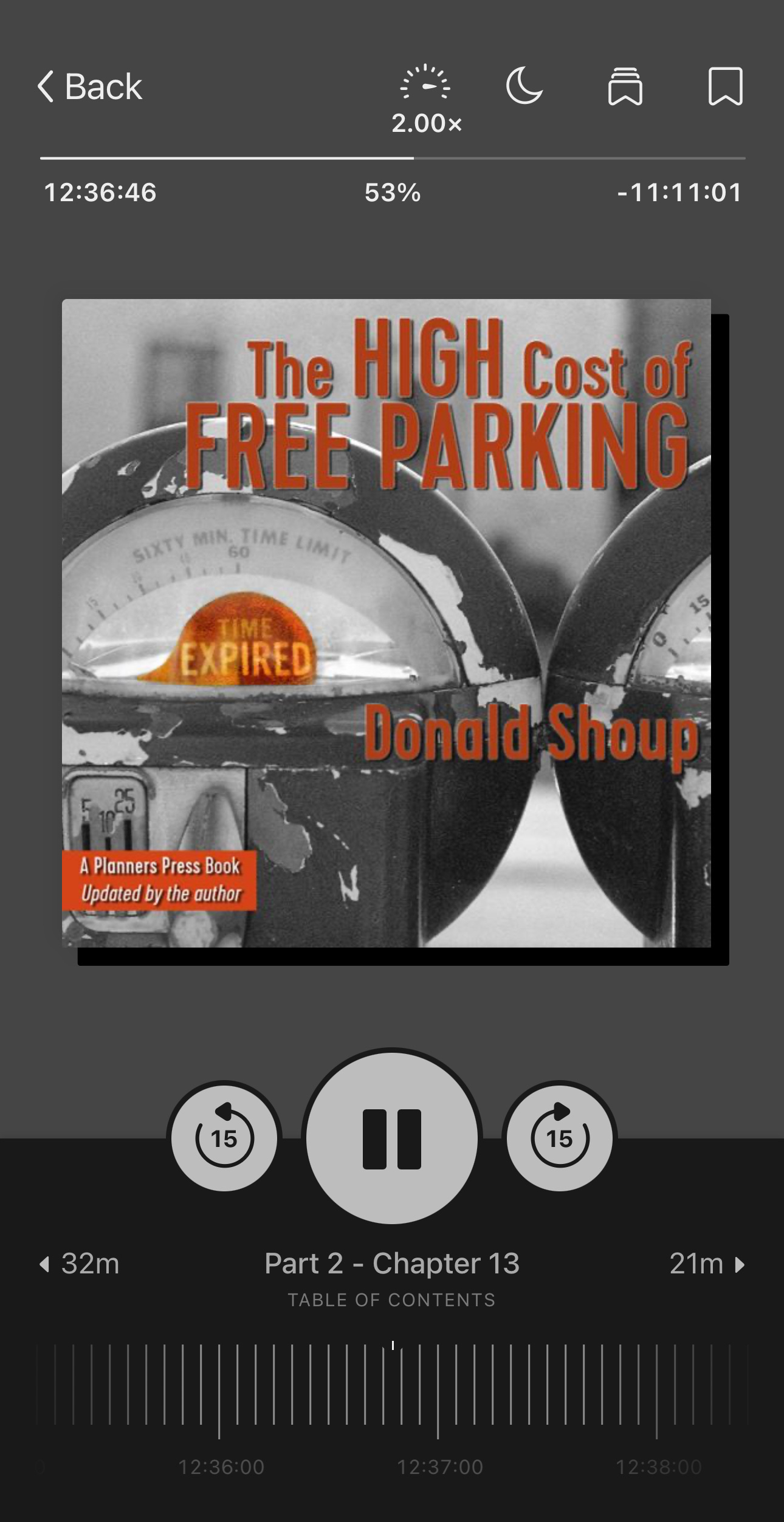 A book cover displaying parking meters with the title "The High Cost of Free Parking" by Donald Shoup.